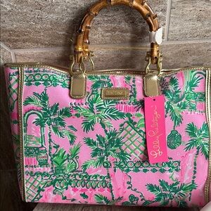 Lilly Pulitzer Tropical Pink and Green Tote with Bamboo Handles